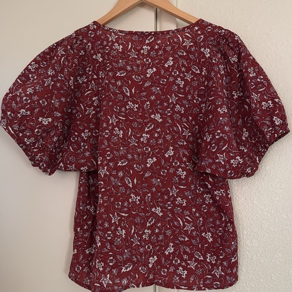 Madewell Red Floral Puff Sleeve V Neck Cotton Blouse Top Size XS - Picture 12 of 12